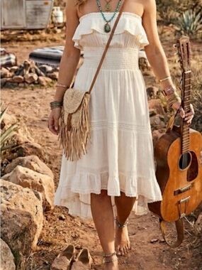 Anthropologie White Ivory Ruffle Midi Dress Boho Romantic Cottagecore Lace Med